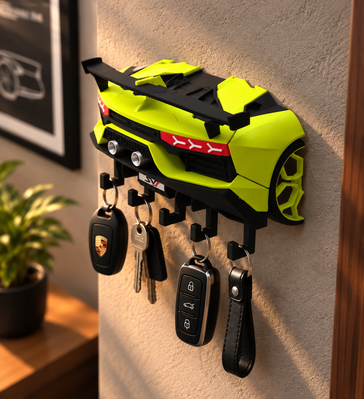 Neon Yellow Supercar Key Holder – 5-Hook Exotic Auto Wall Rack