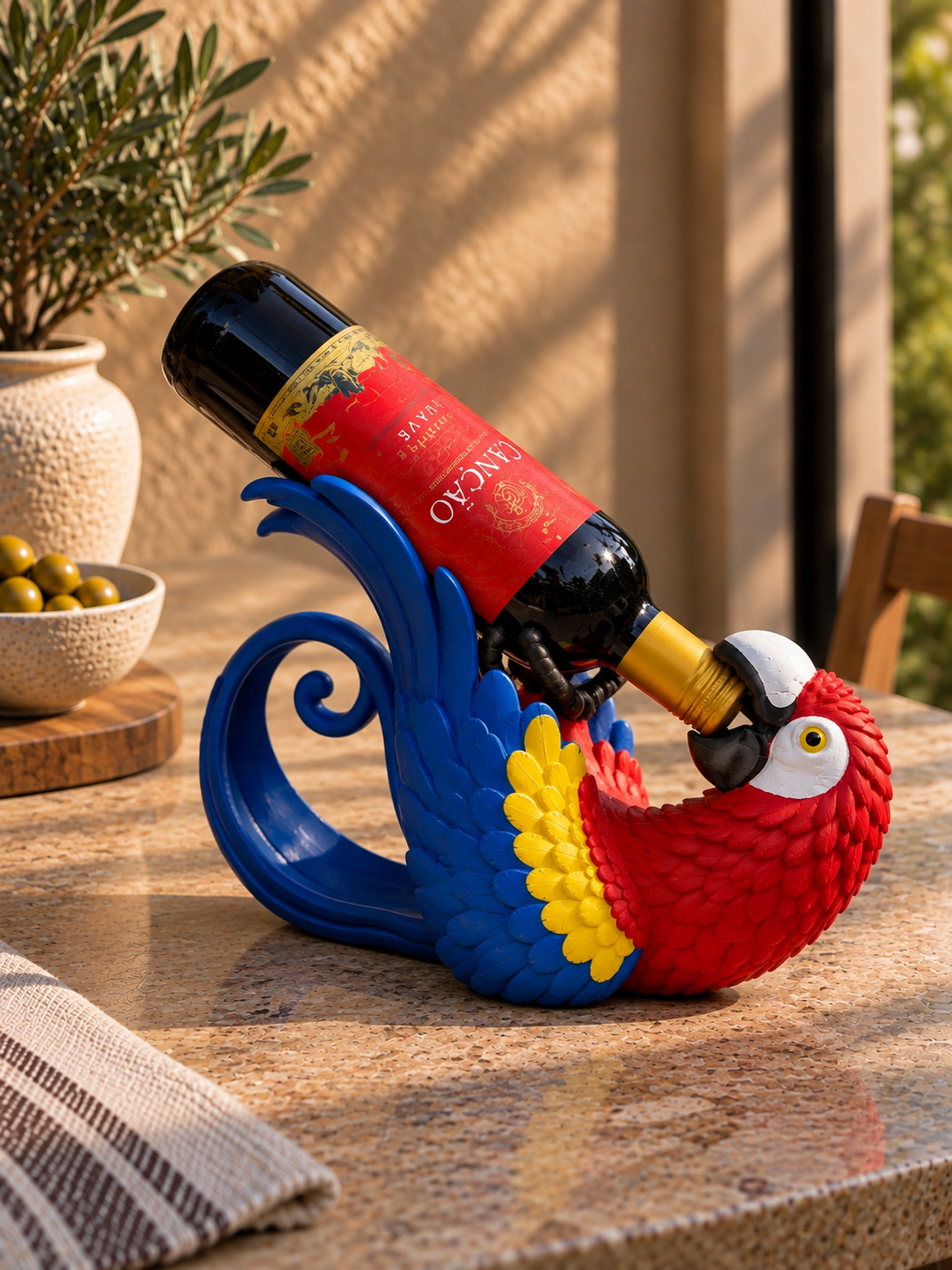 Tropical Macaw Wine Bottle Holder ā Playful Parrot Tabletop Decor