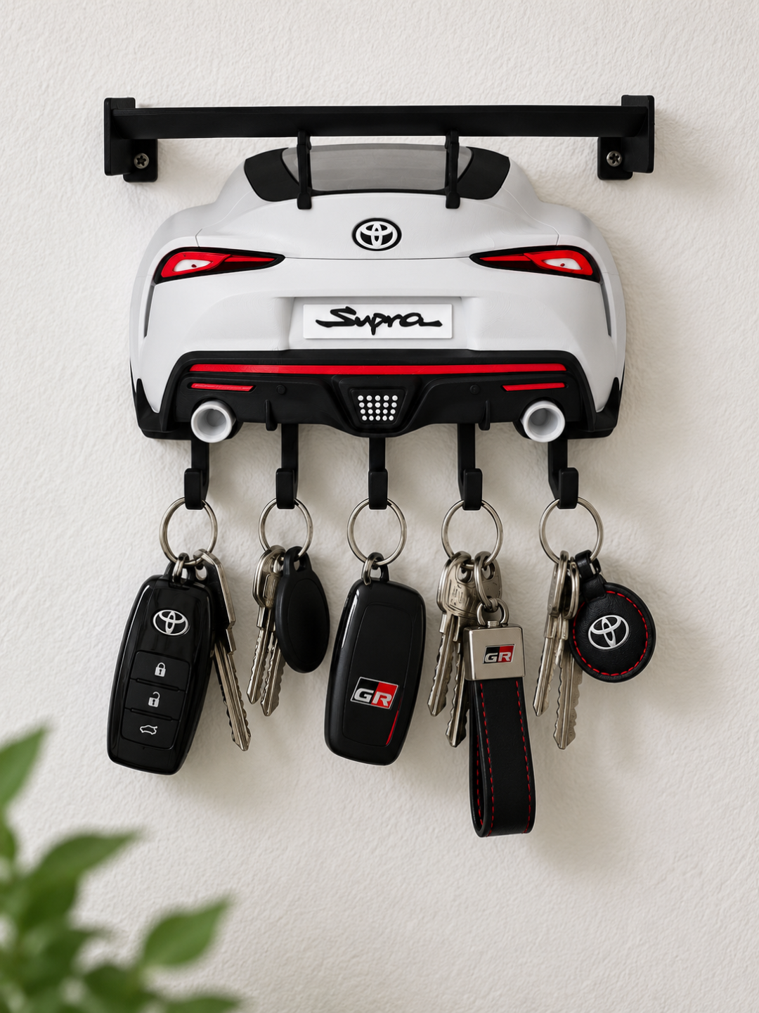 Modern White Sports Car Key Holder – 5-Hook JDM Garage Organizer
