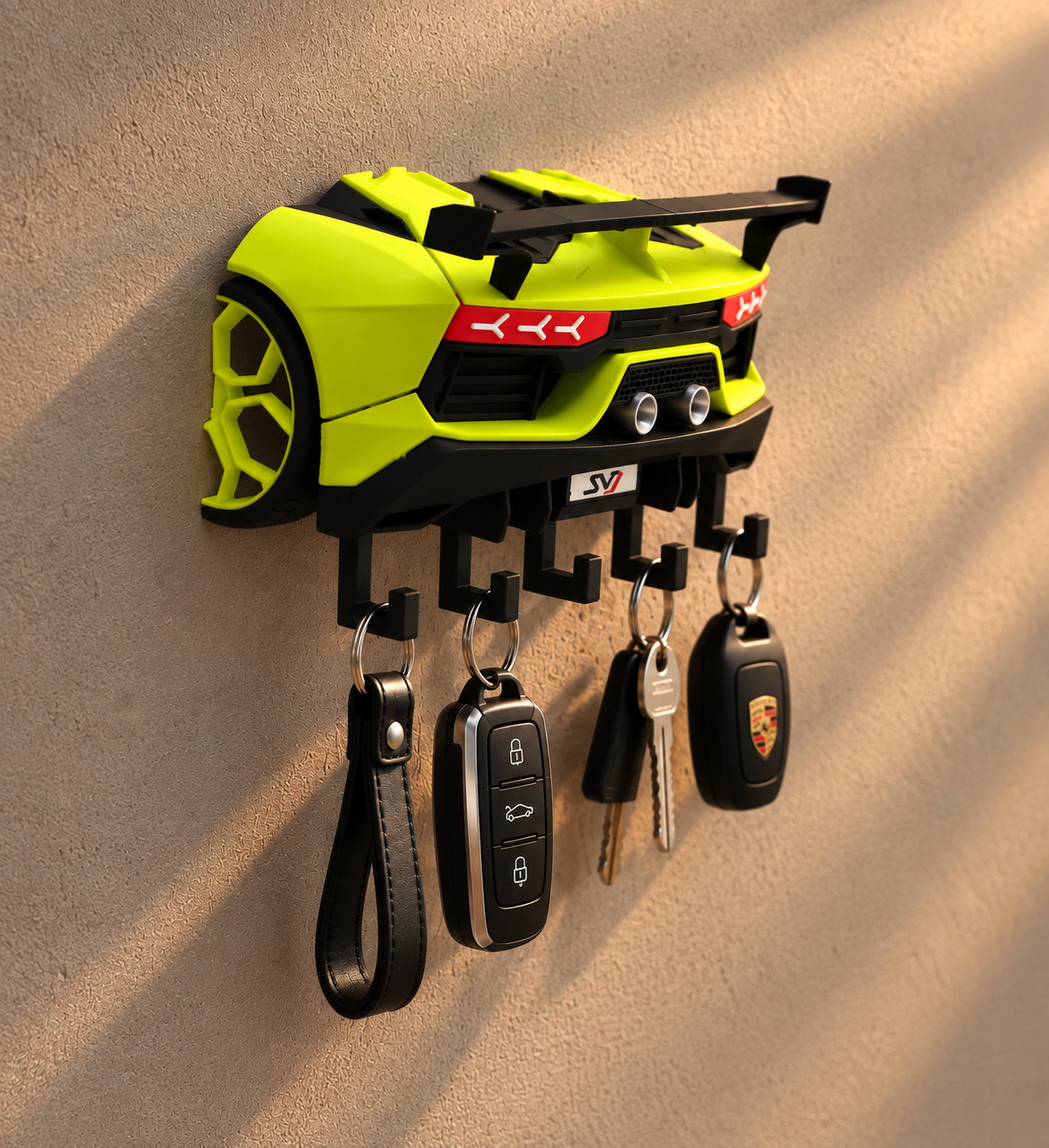 Neon Yellow Supercar Key Holder – 5-Hook Exotic Auto Wall Rack