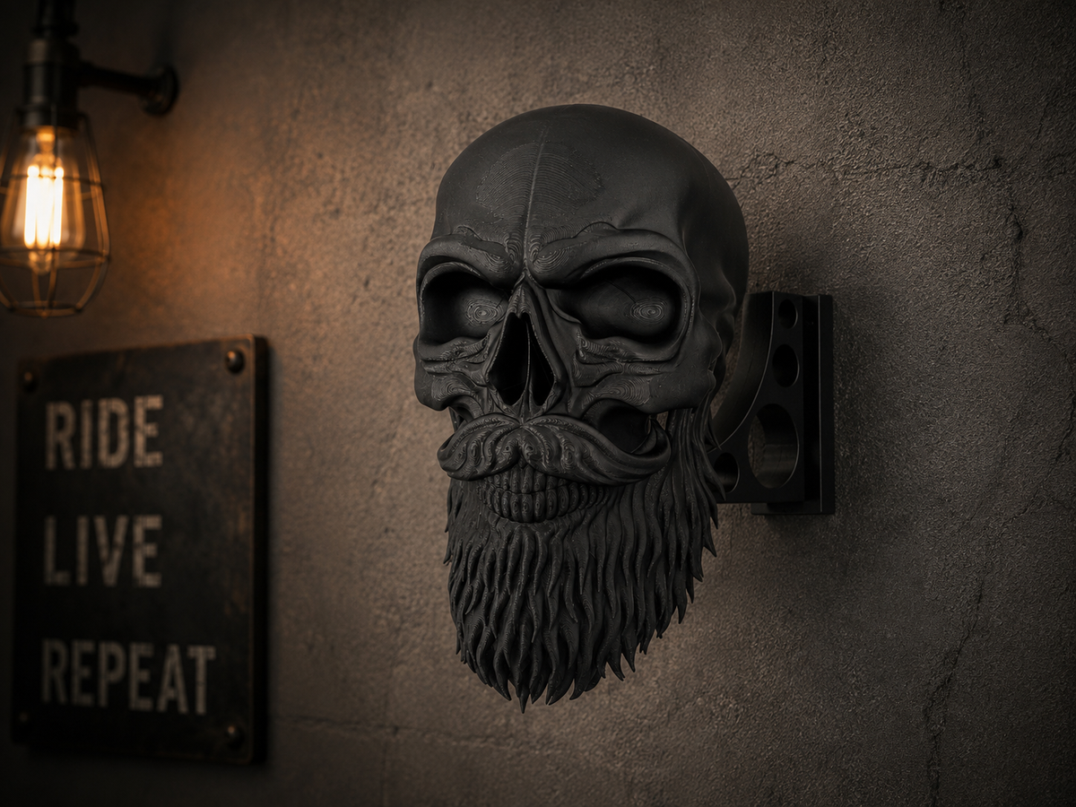 Bearded Skull Motorcycle Helmet Holder – Gothic Wall Mount Rack & Display
