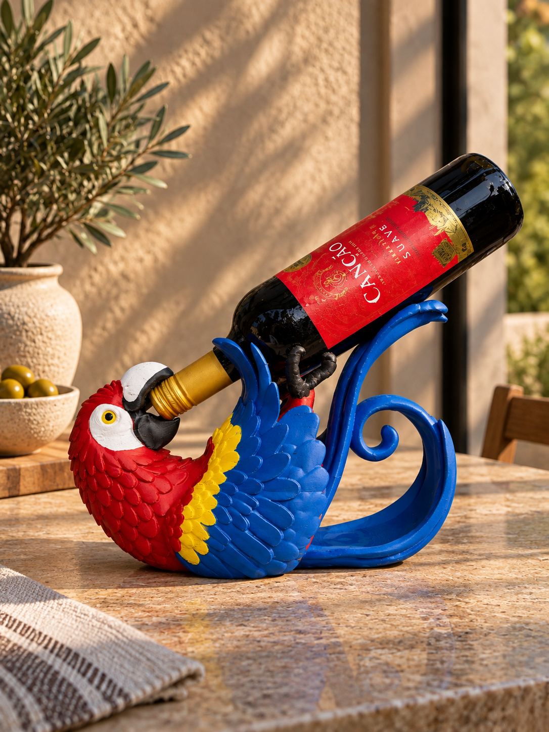 Tropical Macaw Wine Bottle Holder – Playful Parrot Tabletop Decor