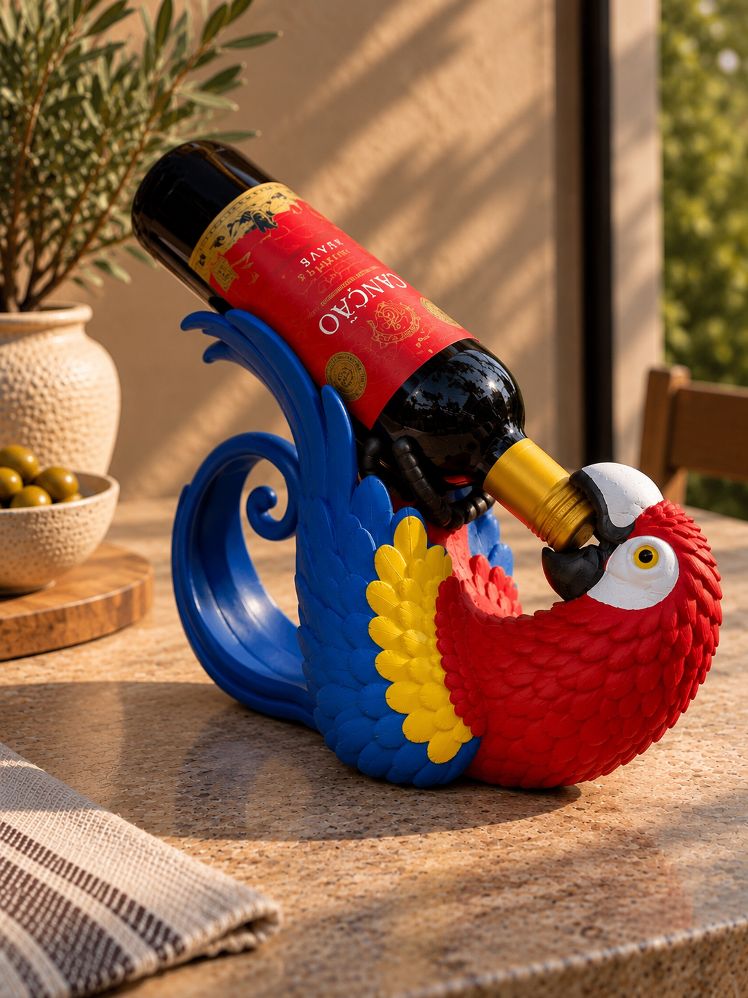 Tropical Macaw Wine Bottle Holder – Playful Parrot Tabletop Decor