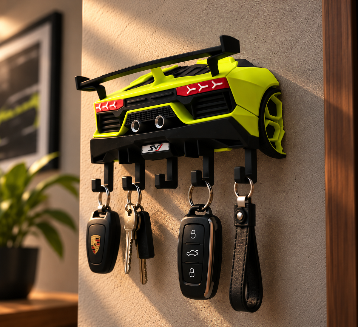 Neon Yellow Supercar Key Holder – 5-Hook Exotic Auto Wall Rack