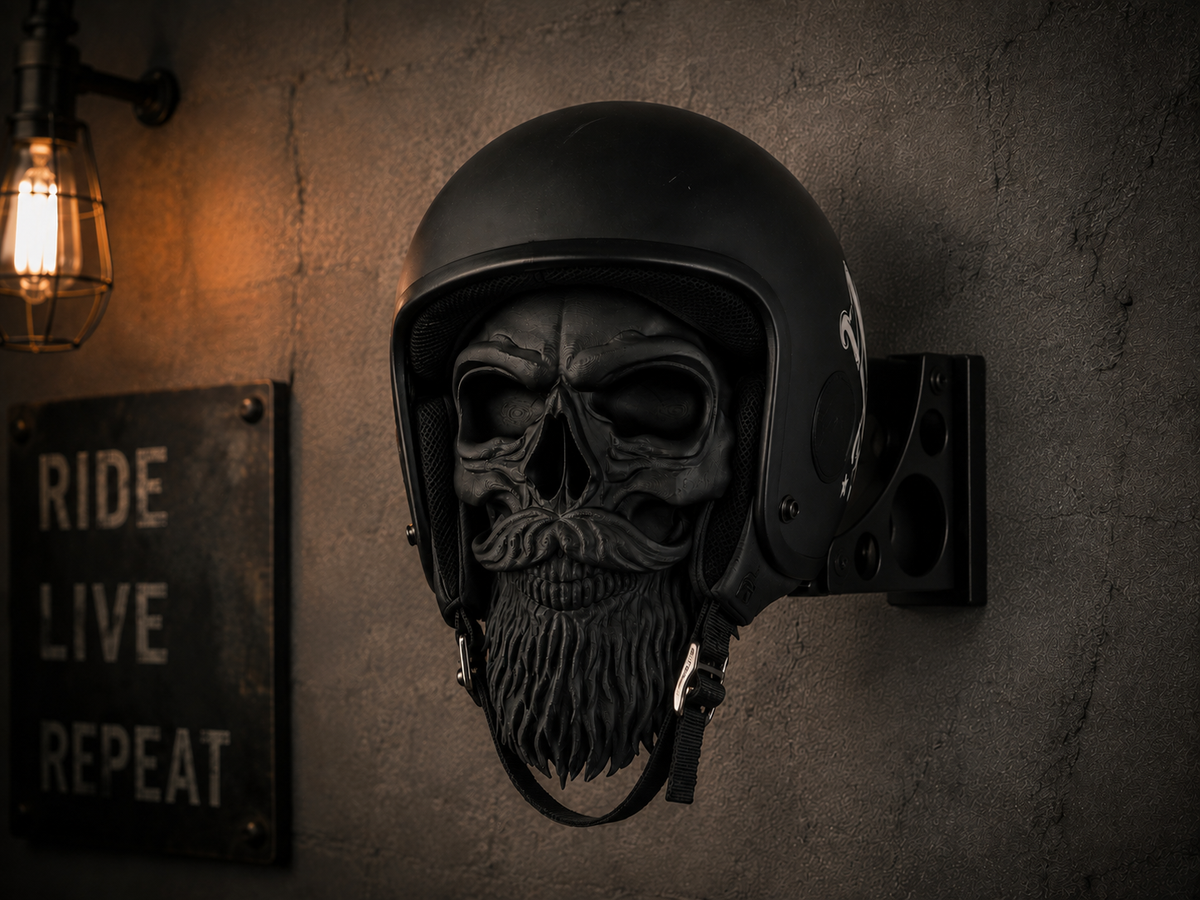 Bearded Skull Motorcycle Helmet Holder – Gothic Wall Mount Rack & Display