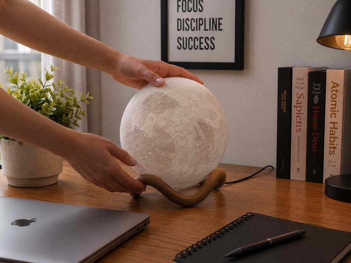 Personalized Lithophane Moon Lamp | Custom 3D-Printed Photo Night Light with Modern Stand