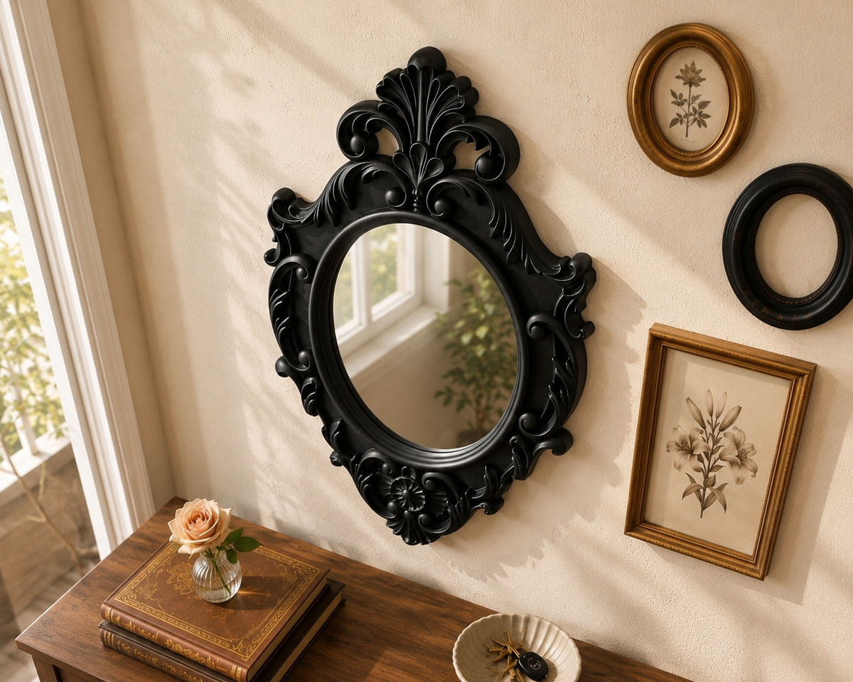 Ornate Black Oval Mirror Frame – Gothic Baroque Wall Decor