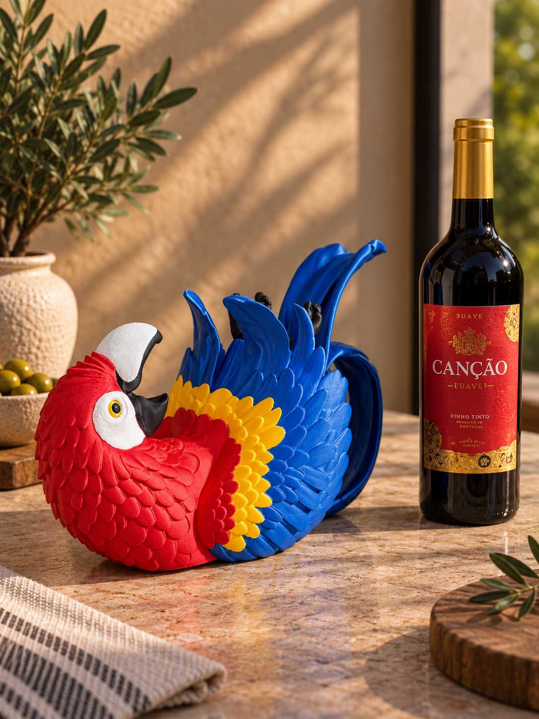 Tropical Macaw Wine Bottle Holder – Playful Parrot Tabletop Decor