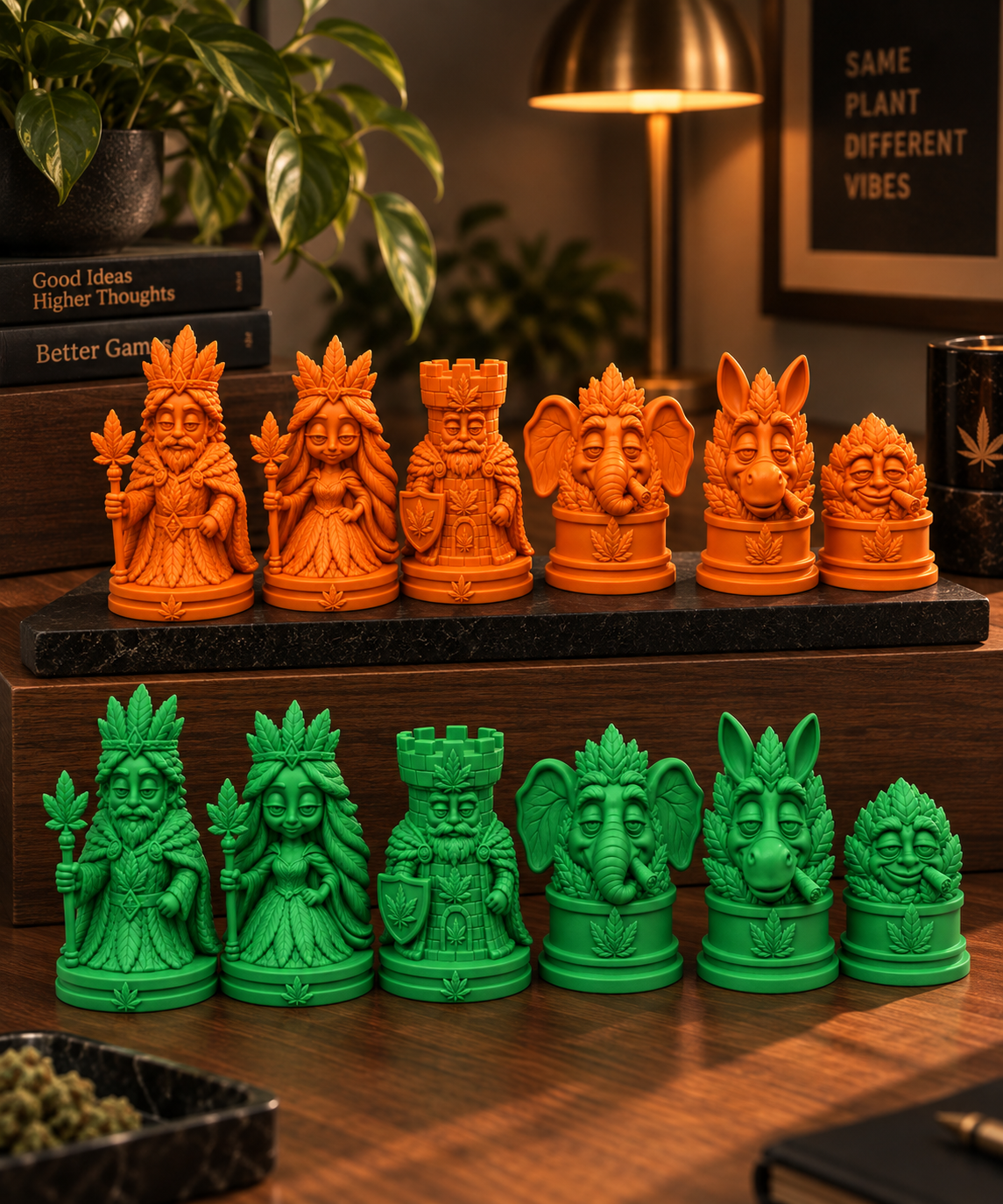 Sativa vs Indica 3D Printed Cannabis-Themed Chess Set