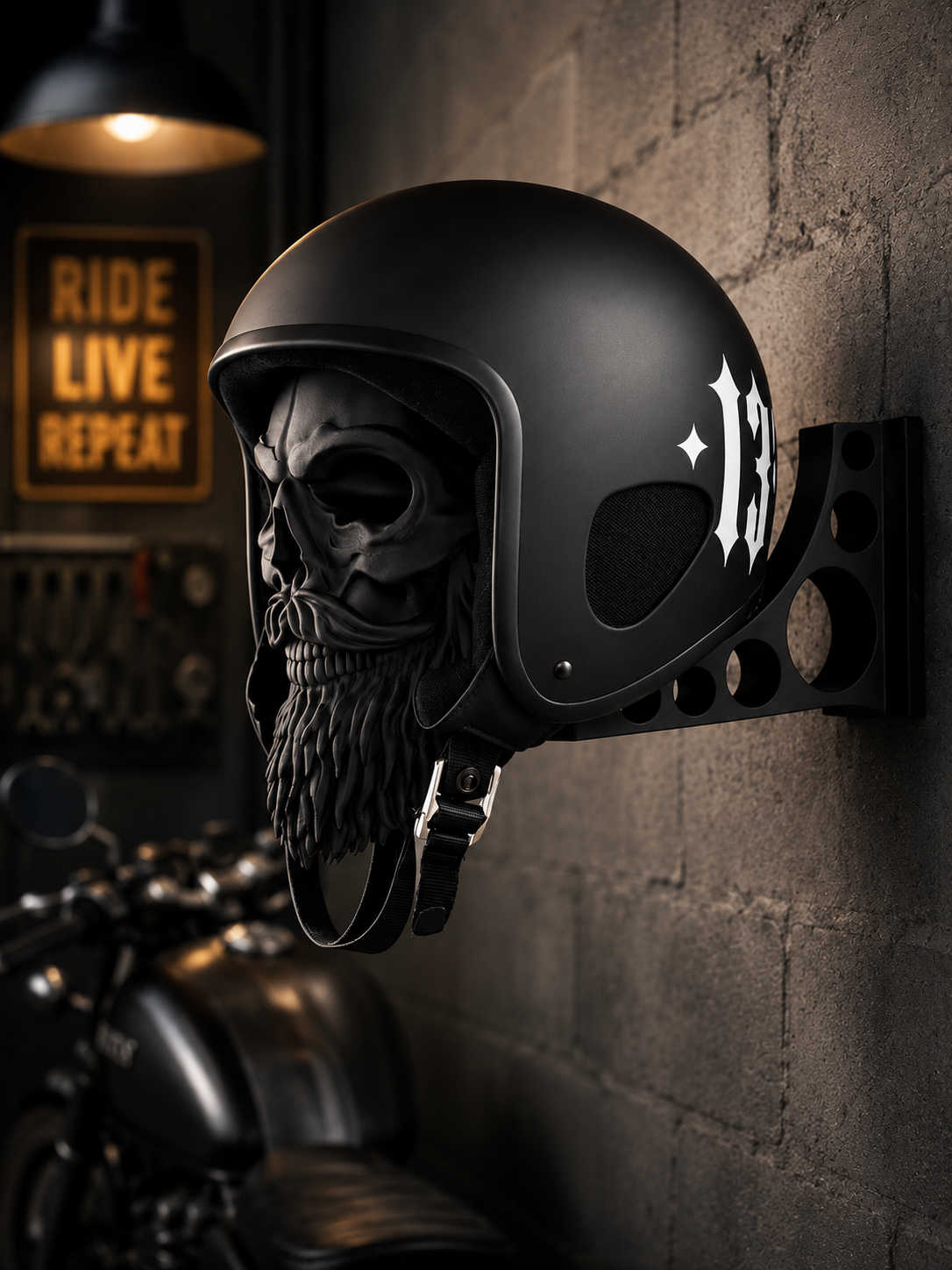 Bearded Skull Motorcycle Helmet Holder – Gothic Wall Mount Rack & Display