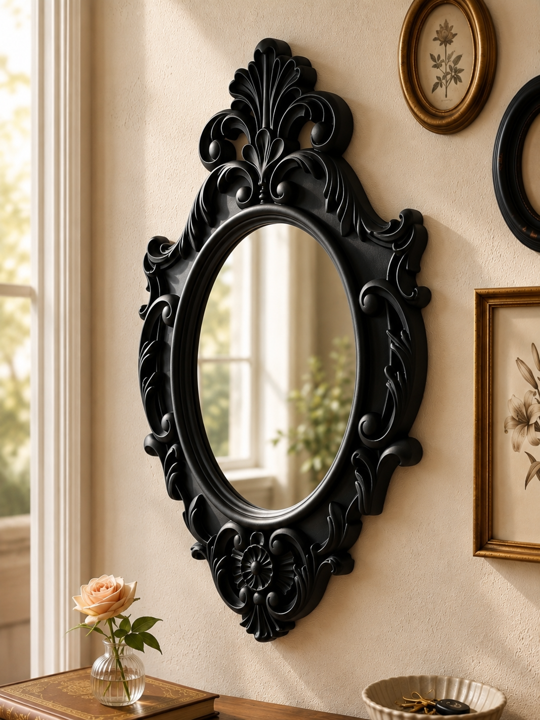 Ornate Black Oval Mirror Frame – Gothic Baroque Wall Decor