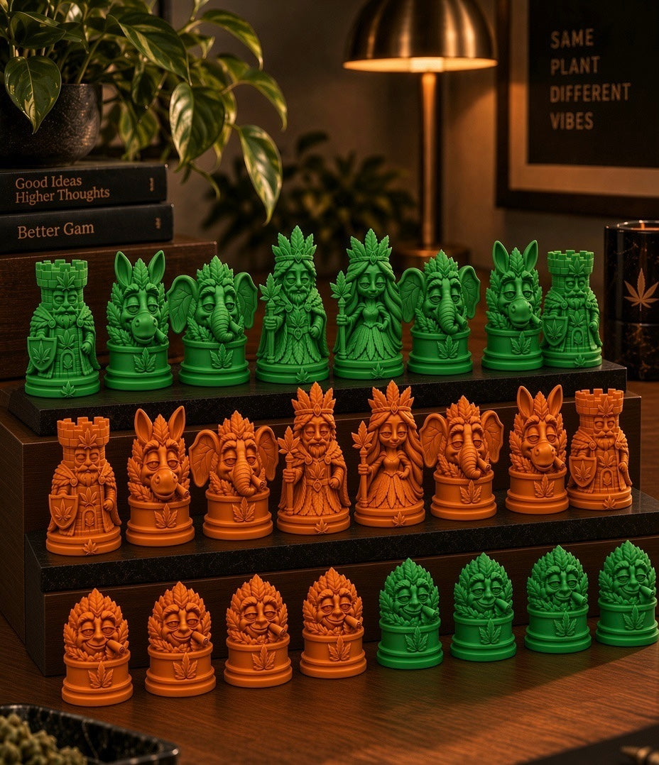 Sativa vs Indica 3D Printed Cannabis-Themed Chess Set