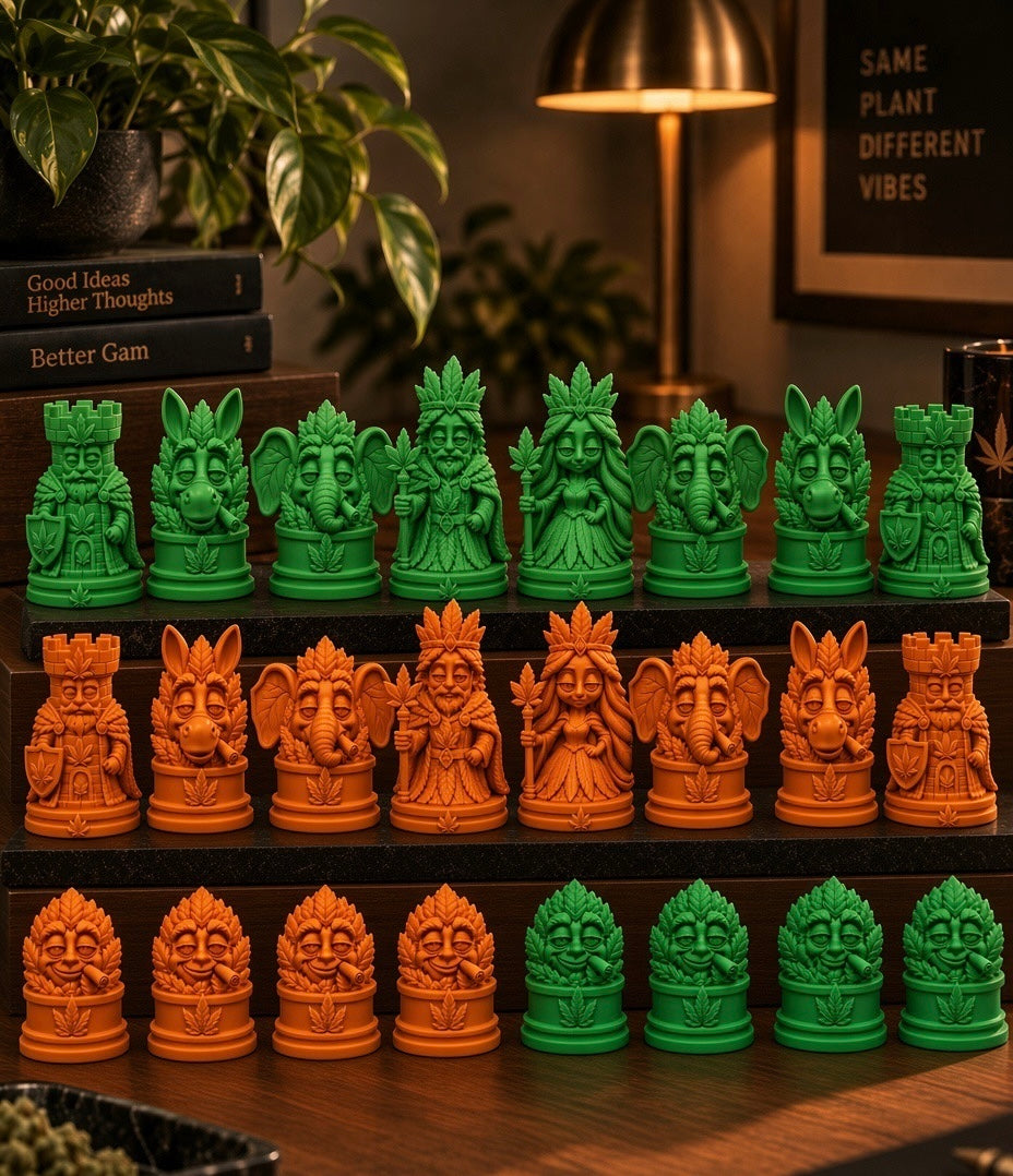 Sativa vs Indica 3D Printed Cannabis-Themed Chess Set