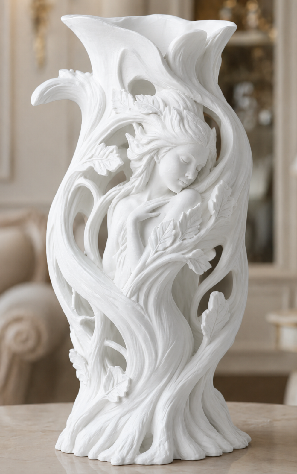 White Art Nouveau Sculptural Vase – 3D Printed Woodland Goddess Planter