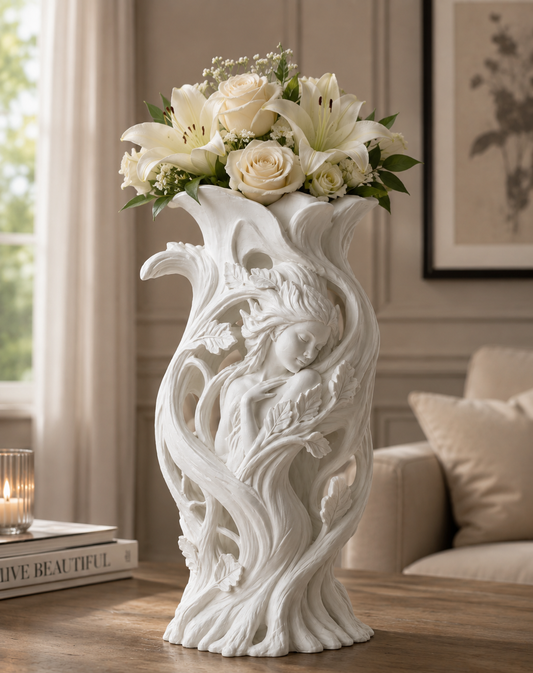 White Art Nouveau Sculptural Vase – 3D Printed Woodland Goddess Planter