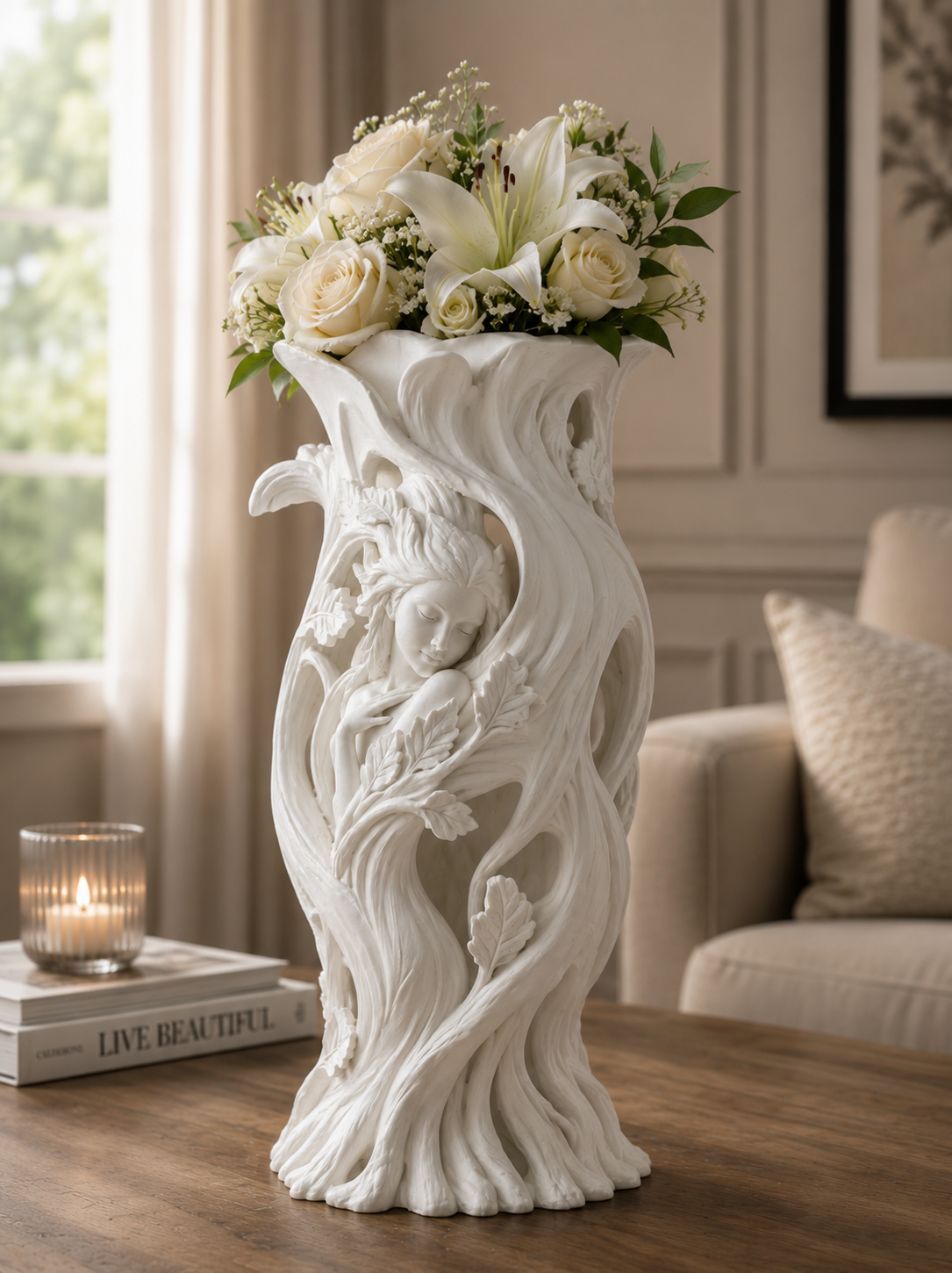 White Art Nouveau Sculptural Vase – 3D Printed Woodland Goddess Planter