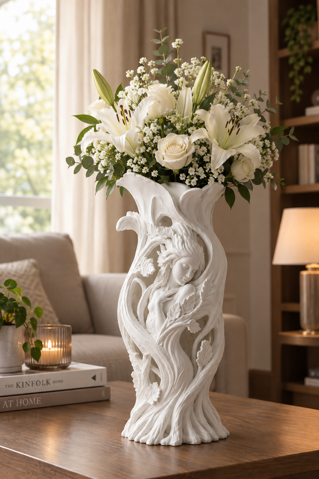 White Art Nouveau Sculptural Vase – 3D Printed Woodland Goddess Planter