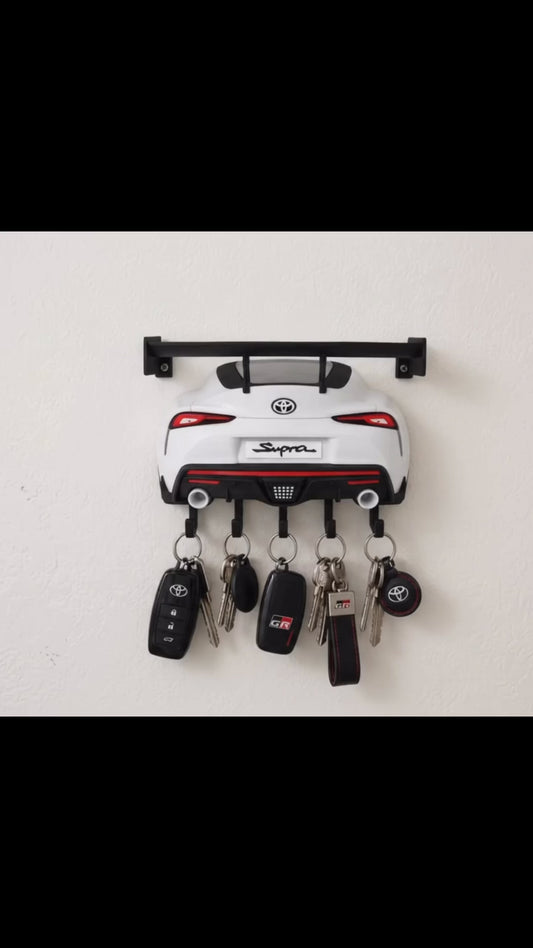 Modern White Sports Car Key Holder – 5-Hook JDM Garage Organizer